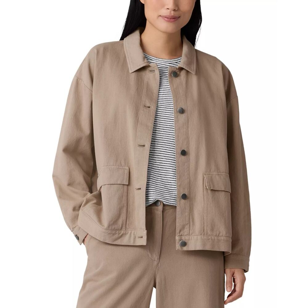 Eileen Fisher Women Tan Twill Garment-Dyed Organic Cotton Utility Jacket Size S